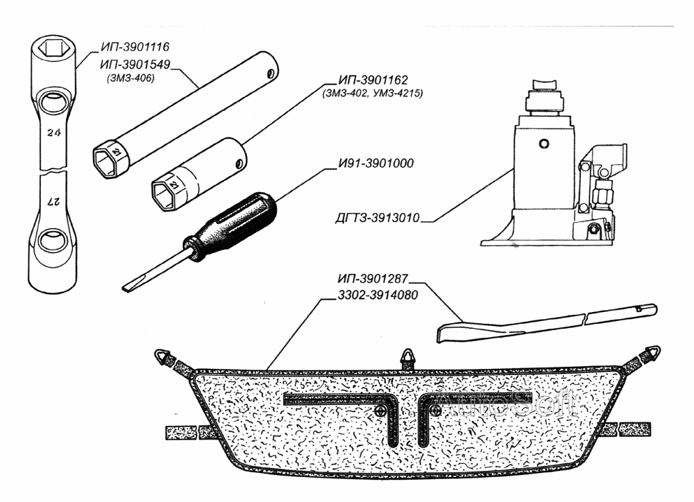 Инструмент, домкрат и принадлежности