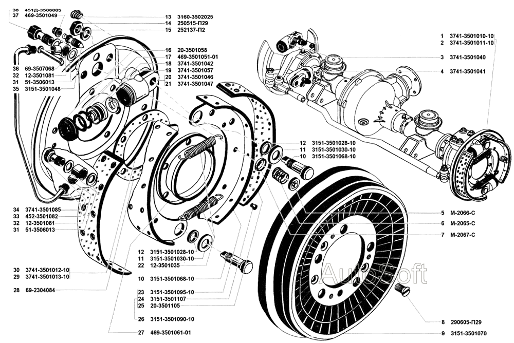 Тормоза рабочие передние и тормозные барабаны