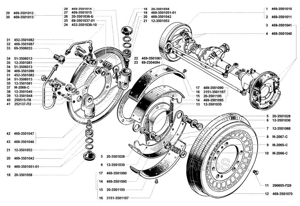 Тормоза рабочие передние и тормозные барабаны