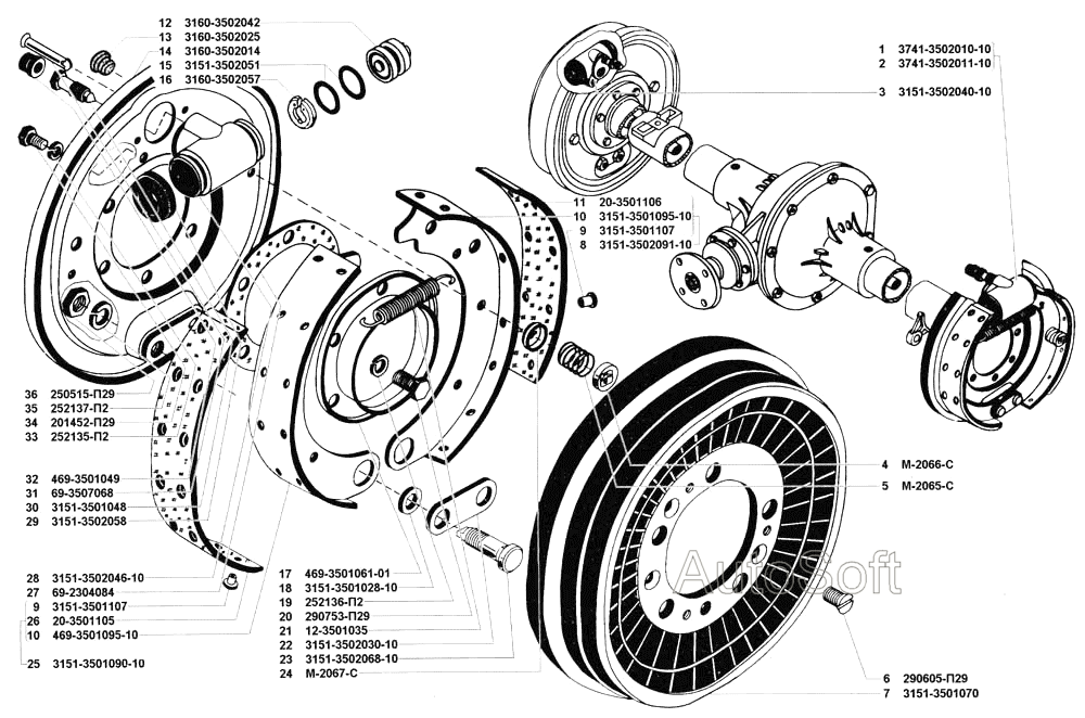 Тормоза рабочие задние и тормозные барабаны