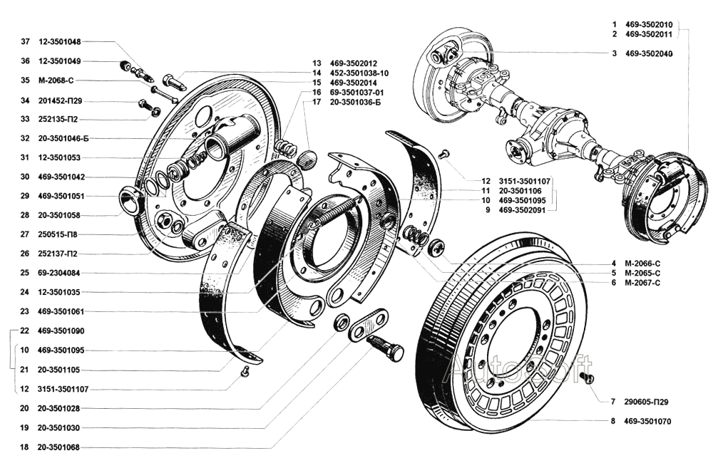 Тормоза рабочие задние и тормозные барабаны