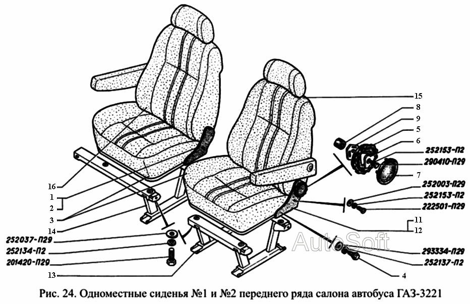 Одноместные сиденья N1 и N2 переднего ряда салона автобуса ГАЗ-3221