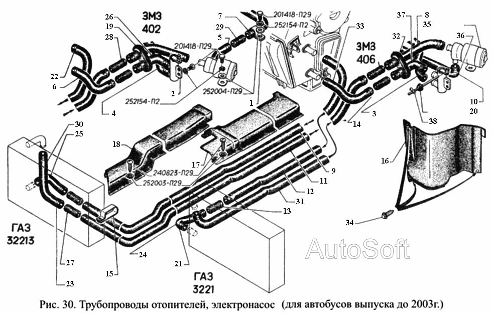 Трубопроводы отопителей, электронасос (для автобусов выпуска до 2003г.)