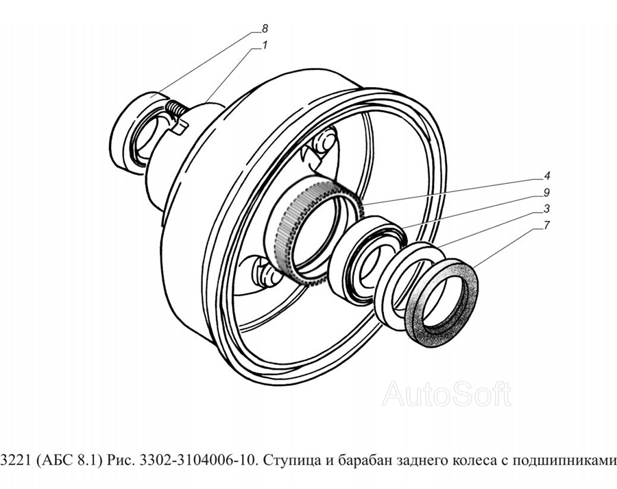 3302-3104006-10. Ступица и барабан заднего колеса с подшипниками