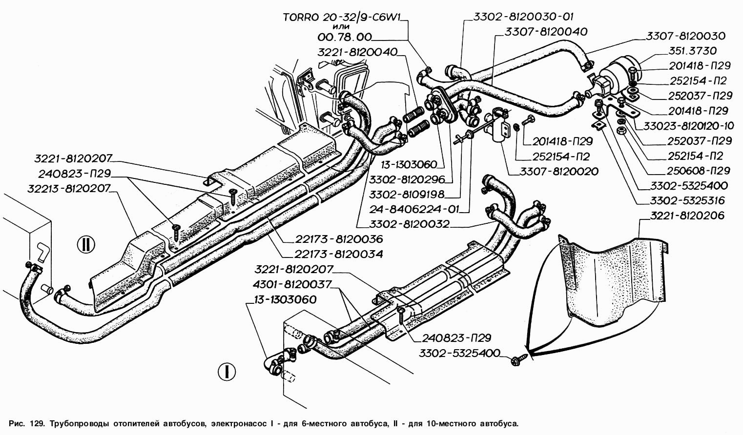 Трубопроводы отопителей автобусов, электронасос I - для 6-местного автобуса. II -для 10-местного автобуса