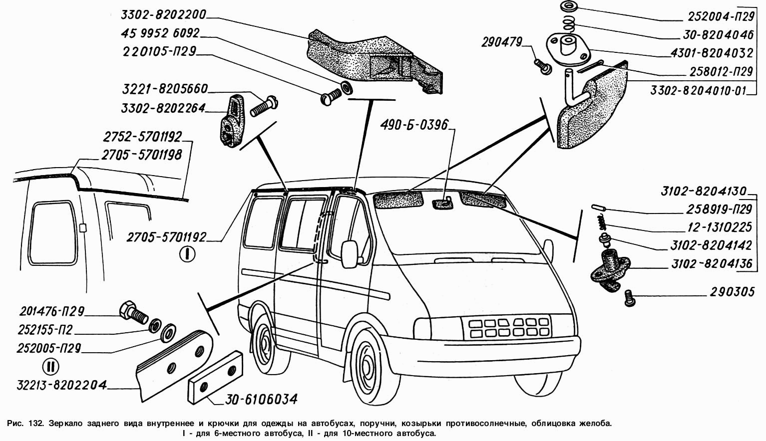 Зеркало заднего вида внутреннее и крючки для одежды на автобусах, поручни, козырьки противосолнечные, облицовка желоба: I - для 