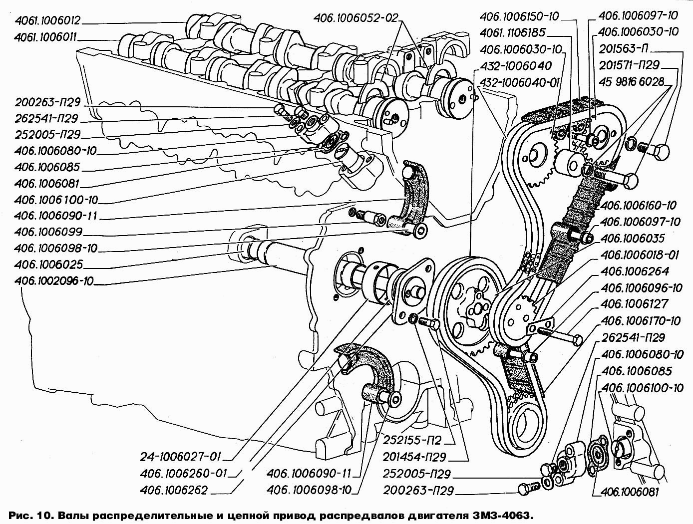 Валы распределительные и цепной привод распредвалов двигателя ЗМЗ-4063