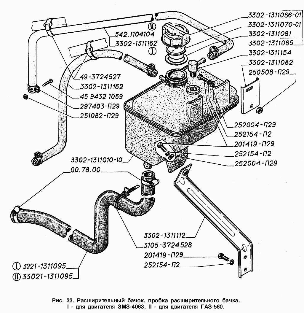 Расширительный бачок, пробка расширительного бачка: I - для -двигателя ЗМЗ-4063, II - для двигателя ГАЗ-560