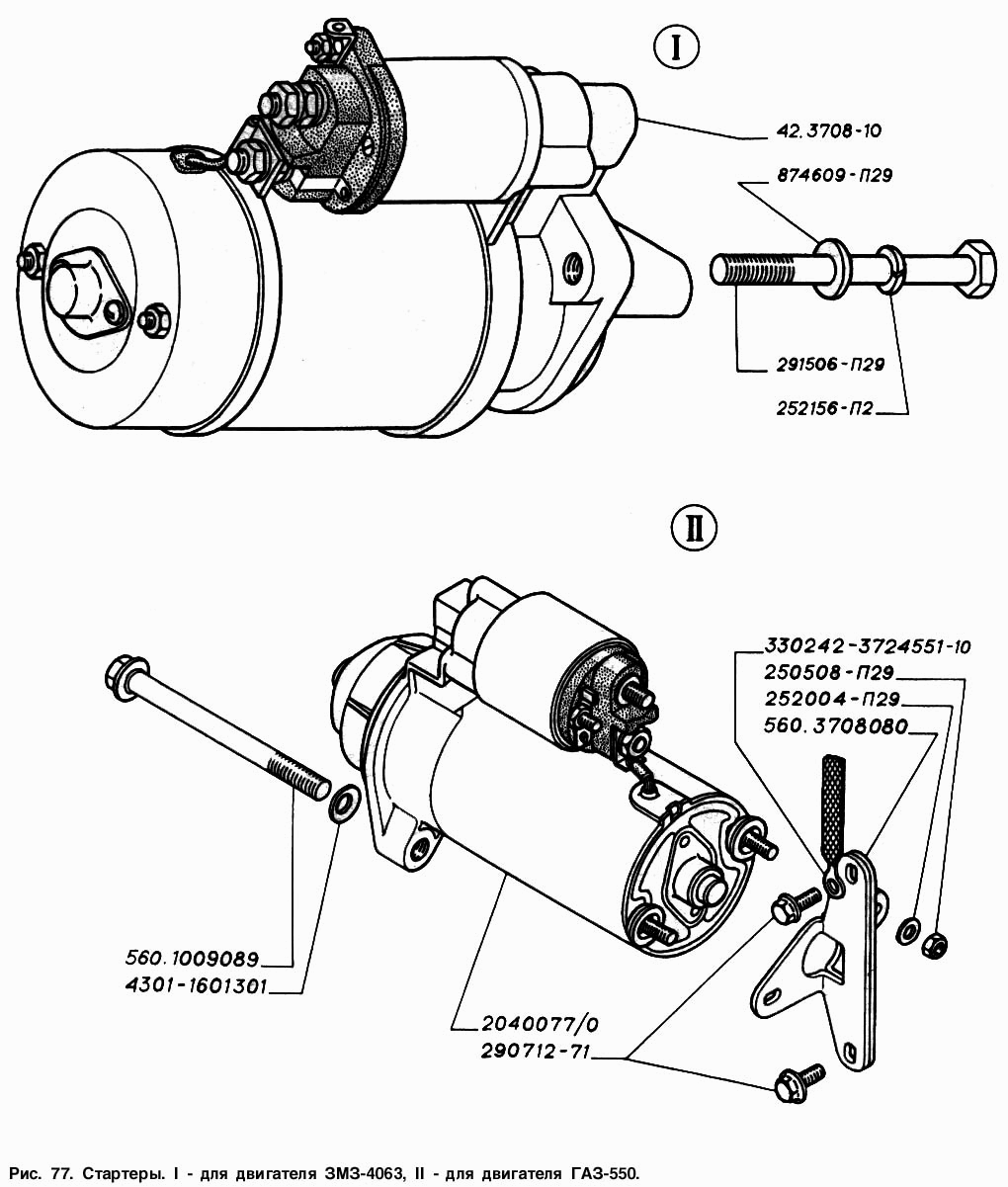 Стартеры: I - для двигателя ЗМЗ-4063, II -для двигателя ГАЗ-560