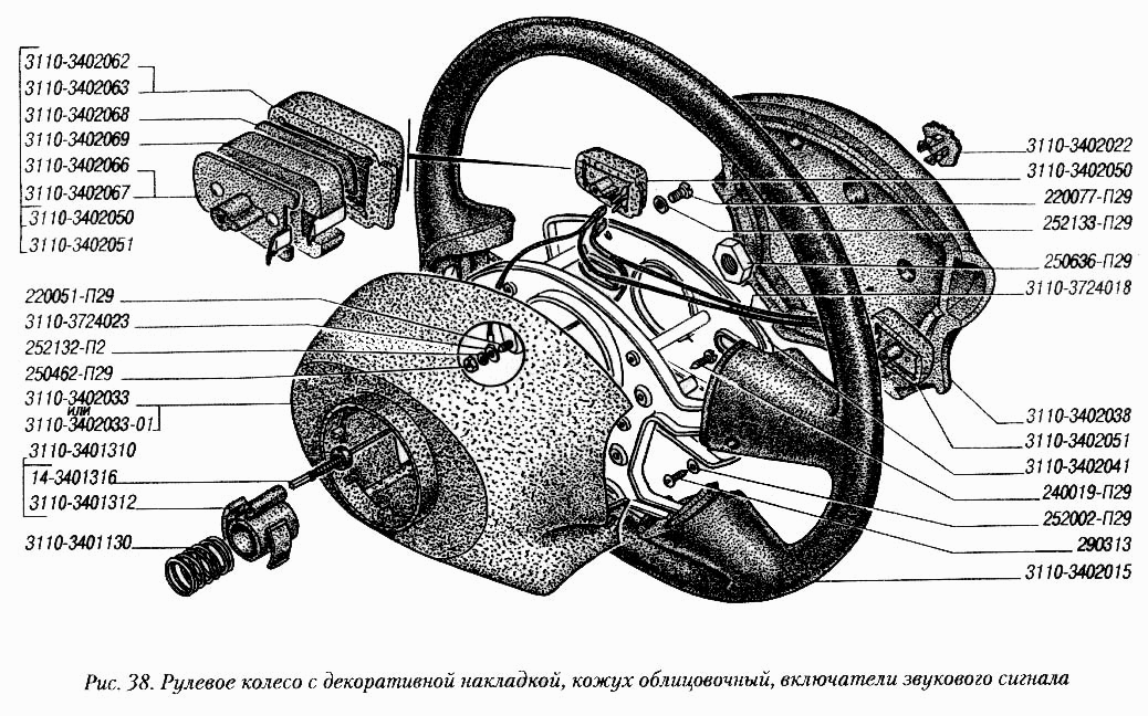 Рулевое колесо с декоративной накладкой, кожух облицовочный, включатели звукового сигнала